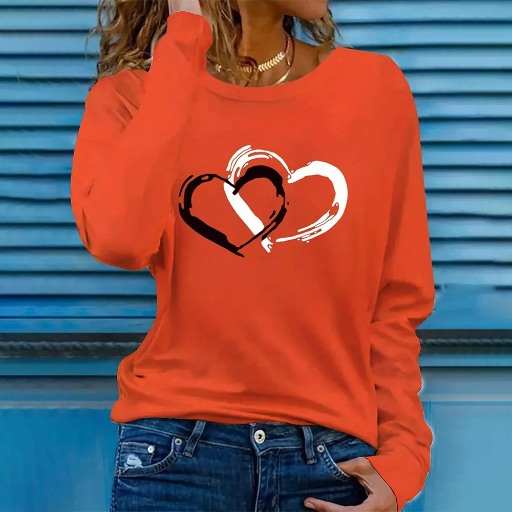Heart Print Round Neck Long Sleeve T-Shirt Oversized Basis Ladies Clothing Women's Cotton T-Shirt Autumn Casual Streetwear