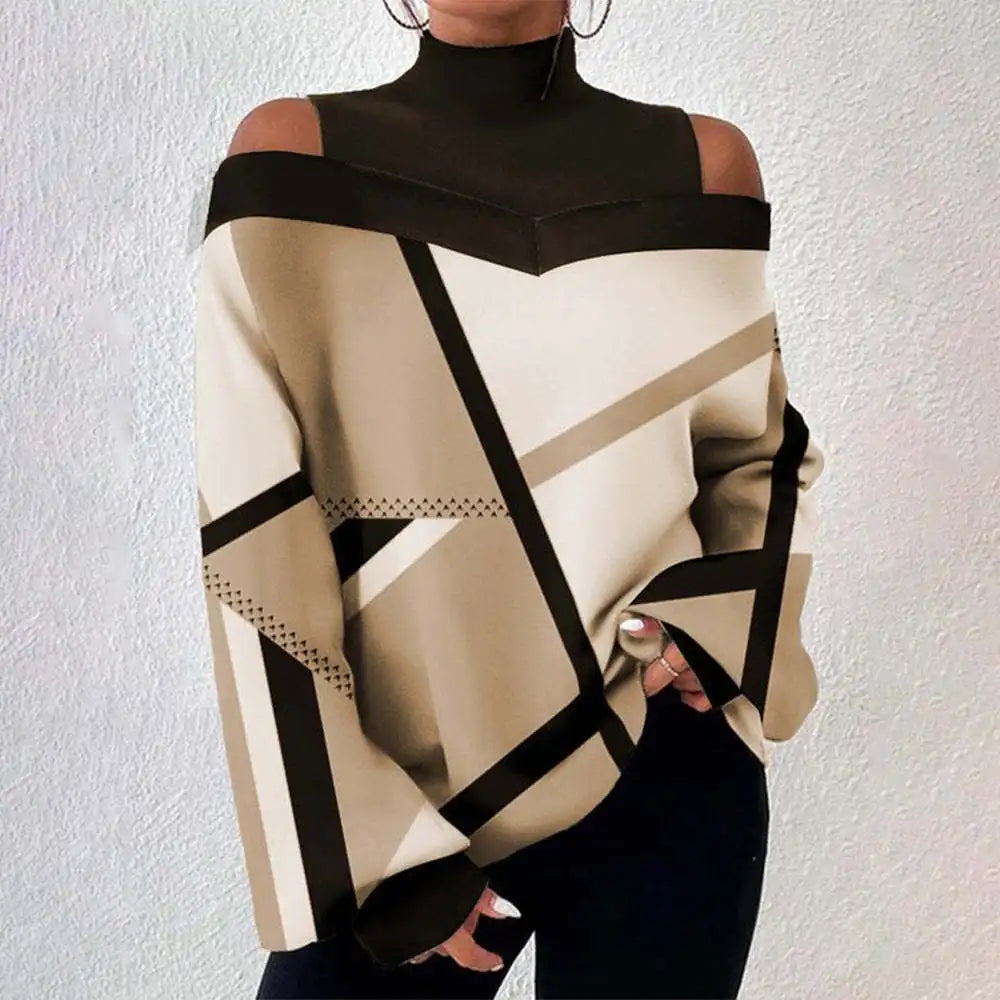 2023 New Women's High Neck Off Shoulder Long Sleeve Printed Hollow Out T-shirt Top